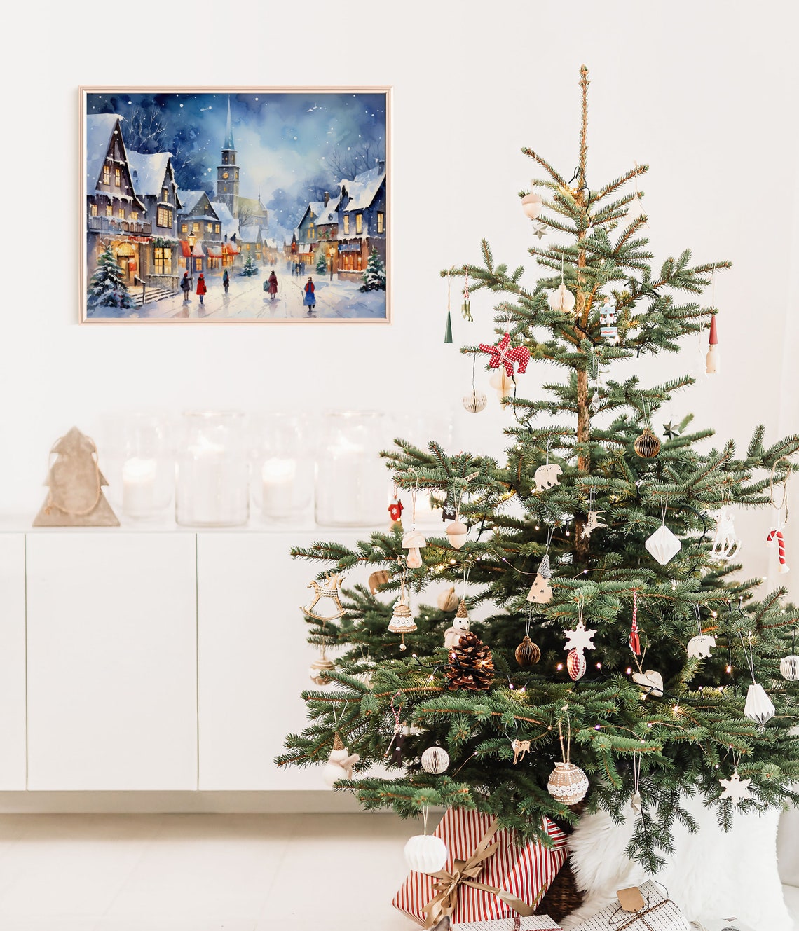 Blue Christmas Village Night Watercolor Snowy Town Art Print - Image 3