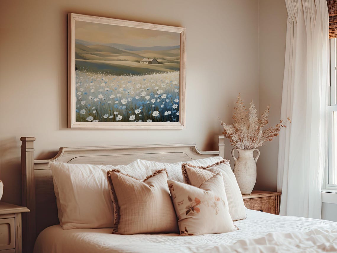 White Blue Wildflower Field Farmhouse Afternoon Light Art Print - Image 3