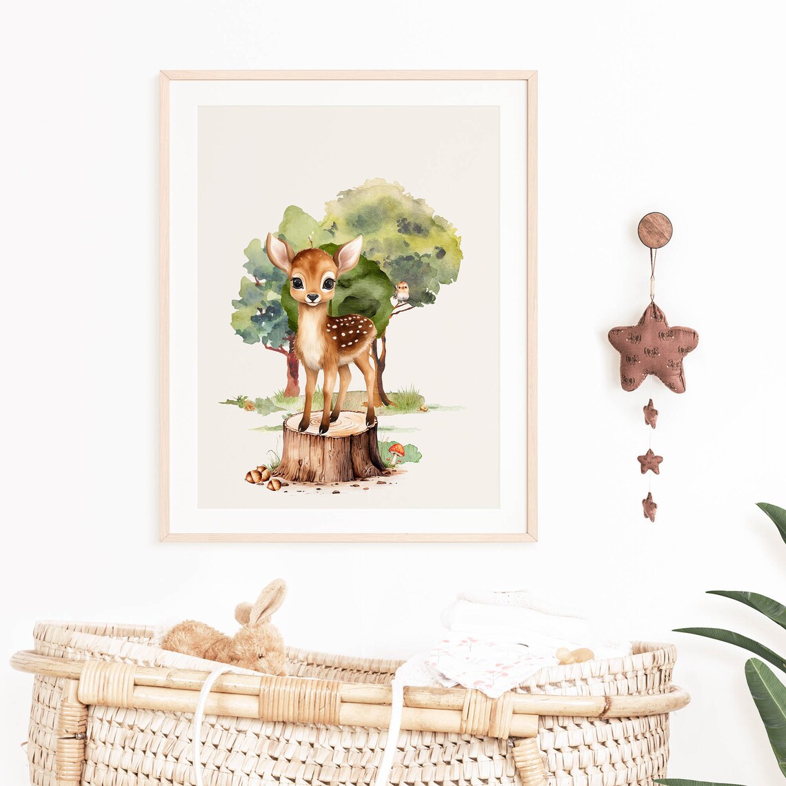 Spotted Baby Fawn Tree Stump Watercolor Woodland Nursery Poster - Image 6