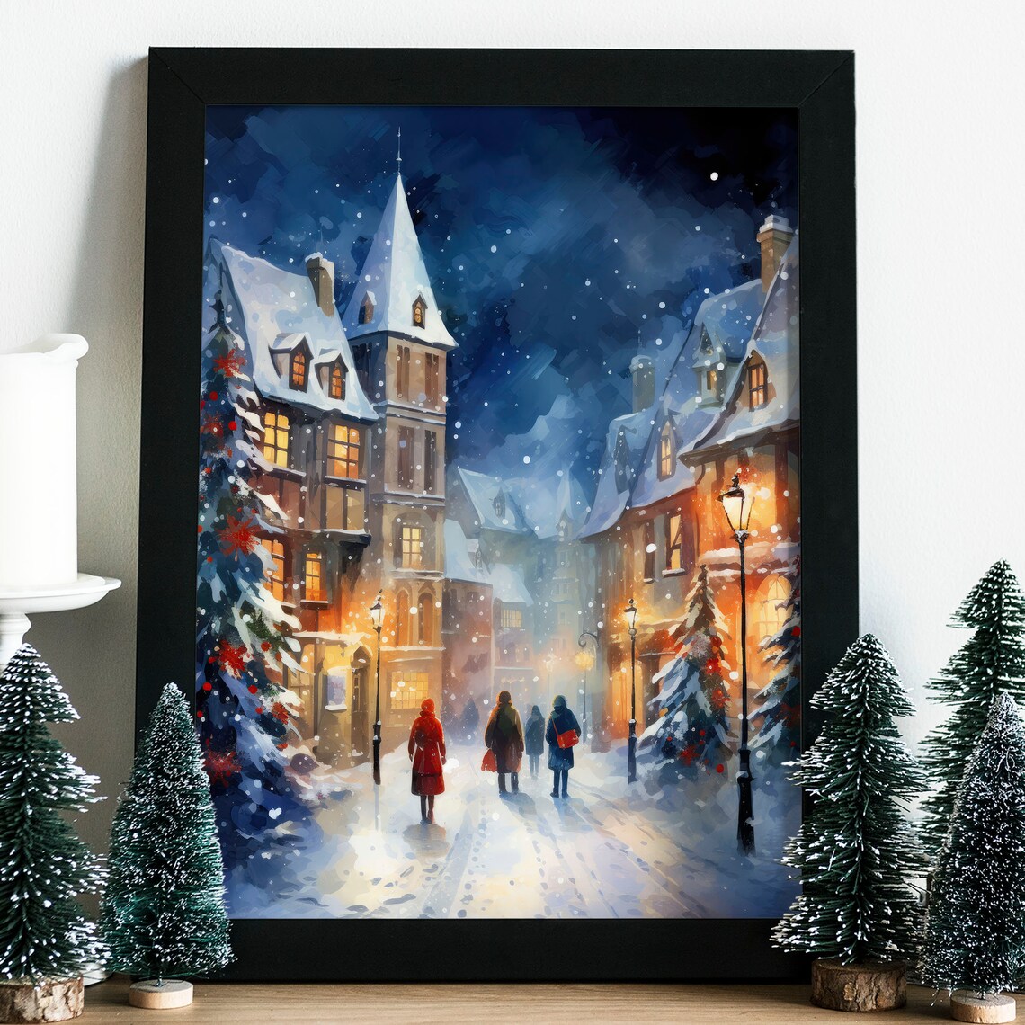 Snowy Christmas Street Church Tower Night Watercolor Art Print - Image 7