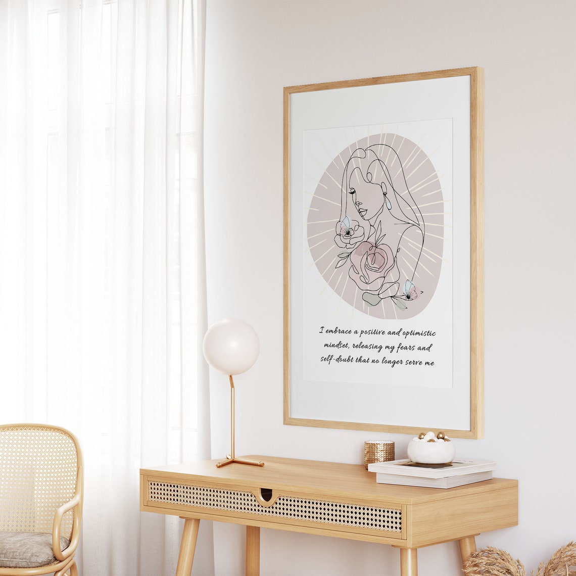 Positive Mindset Affirmation Boho Line Art Woman Floral Poster - Image 3