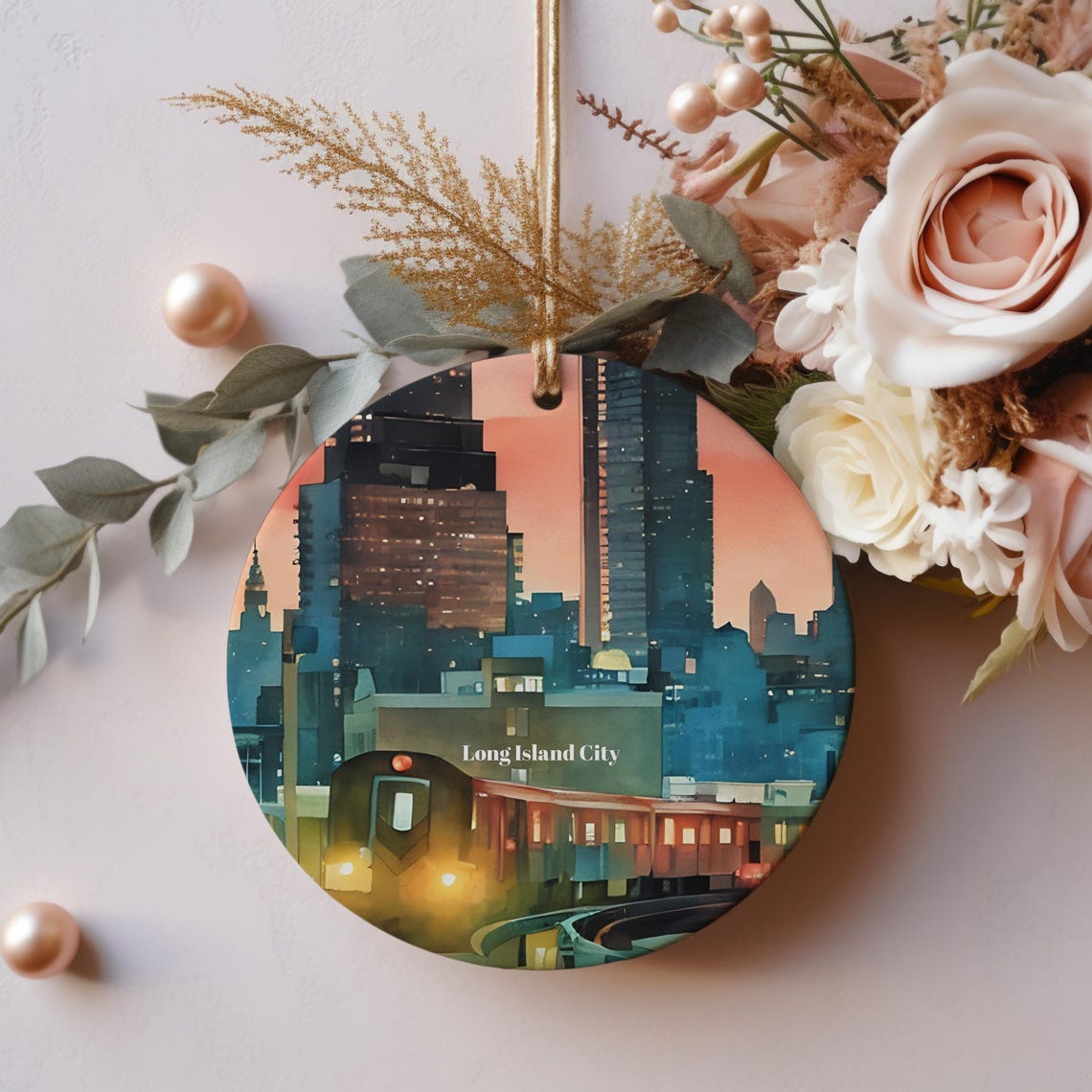 Long Island City Skyline Sunset Subway Train Christmas Ornament Poster