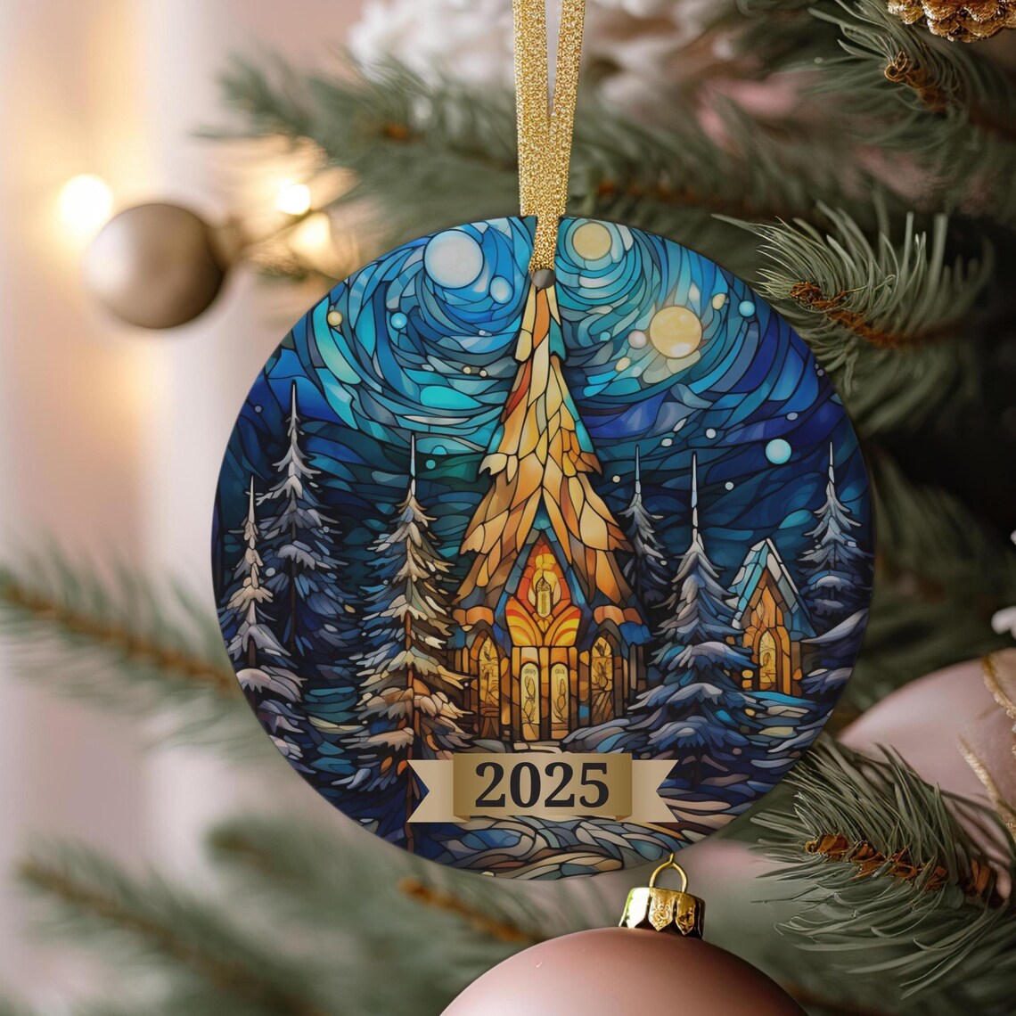 Snowy Church Stained Glass 2025 Christmas Night Ornament Poster Art