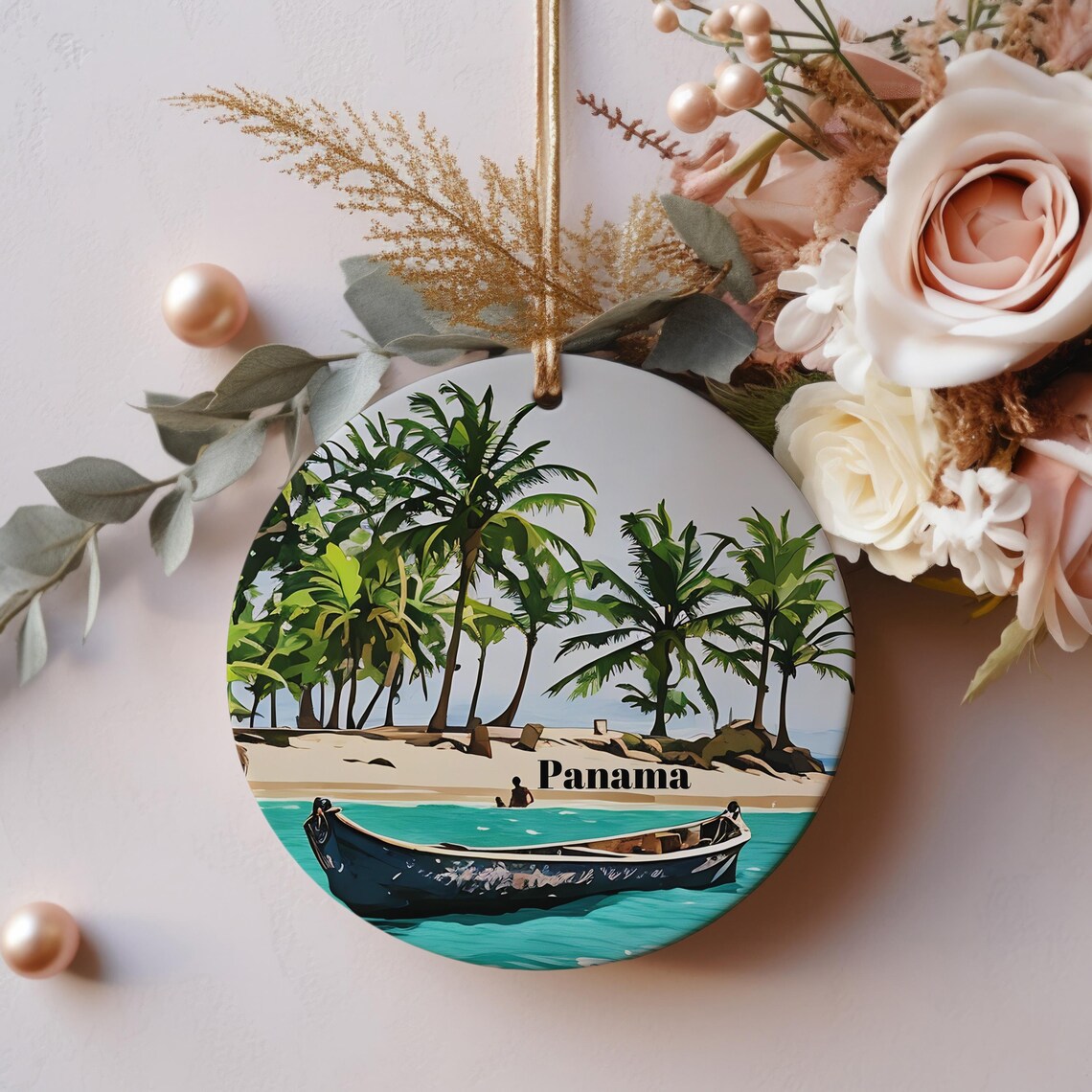 Panama Tropical Beach Palms Canoe Turquoise Sea Round Ornament Wall Art
