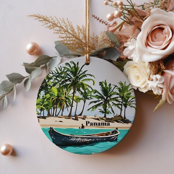 Panama Tropical Beach Palms Canoe Turquoise Sea Round Ornament Wall Art