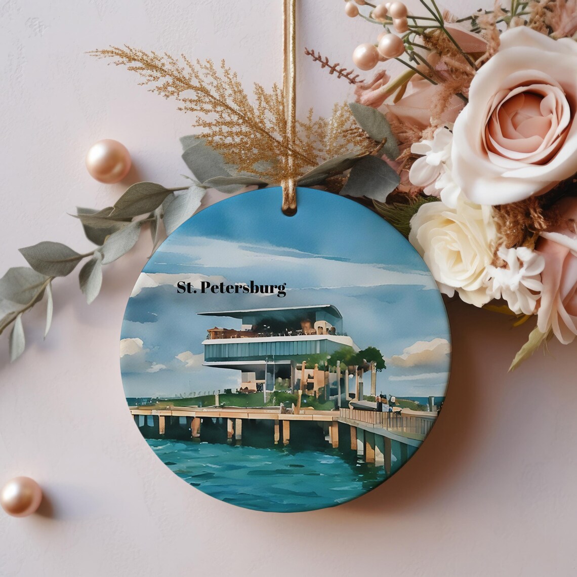 St. Petersburg Florida Watercolor Pier Christmas Tree Ornament Poster