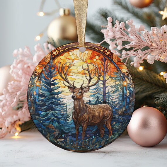 Majestic Stained Glass Style Stag Forest Winter Wildlife Art Print