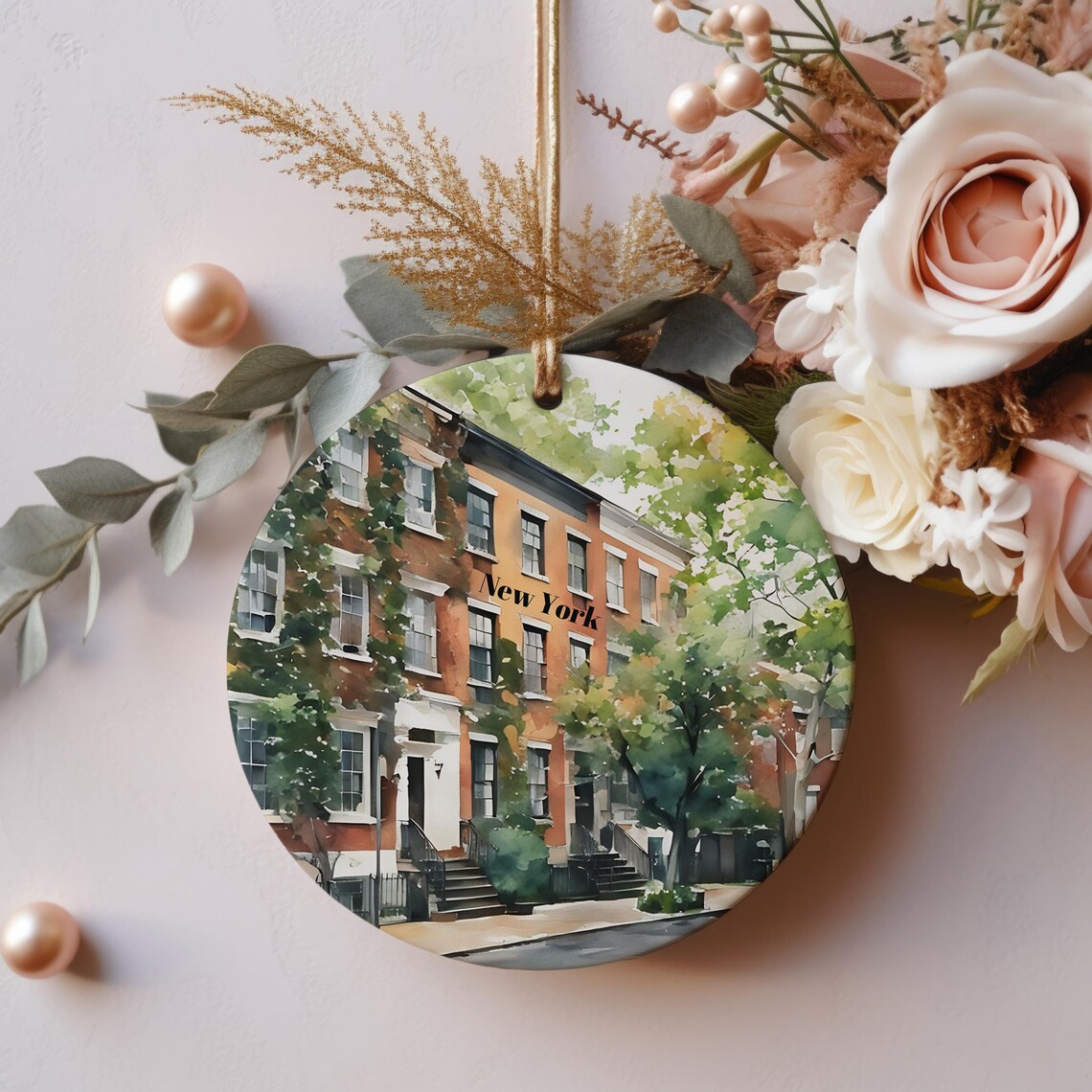New York Brownstone Townhouses Watercolor Holiday Ornament Print