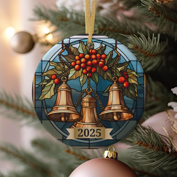 2025 Stained Glass Christmas Bells Holly Berries Holiday Keepsake Print