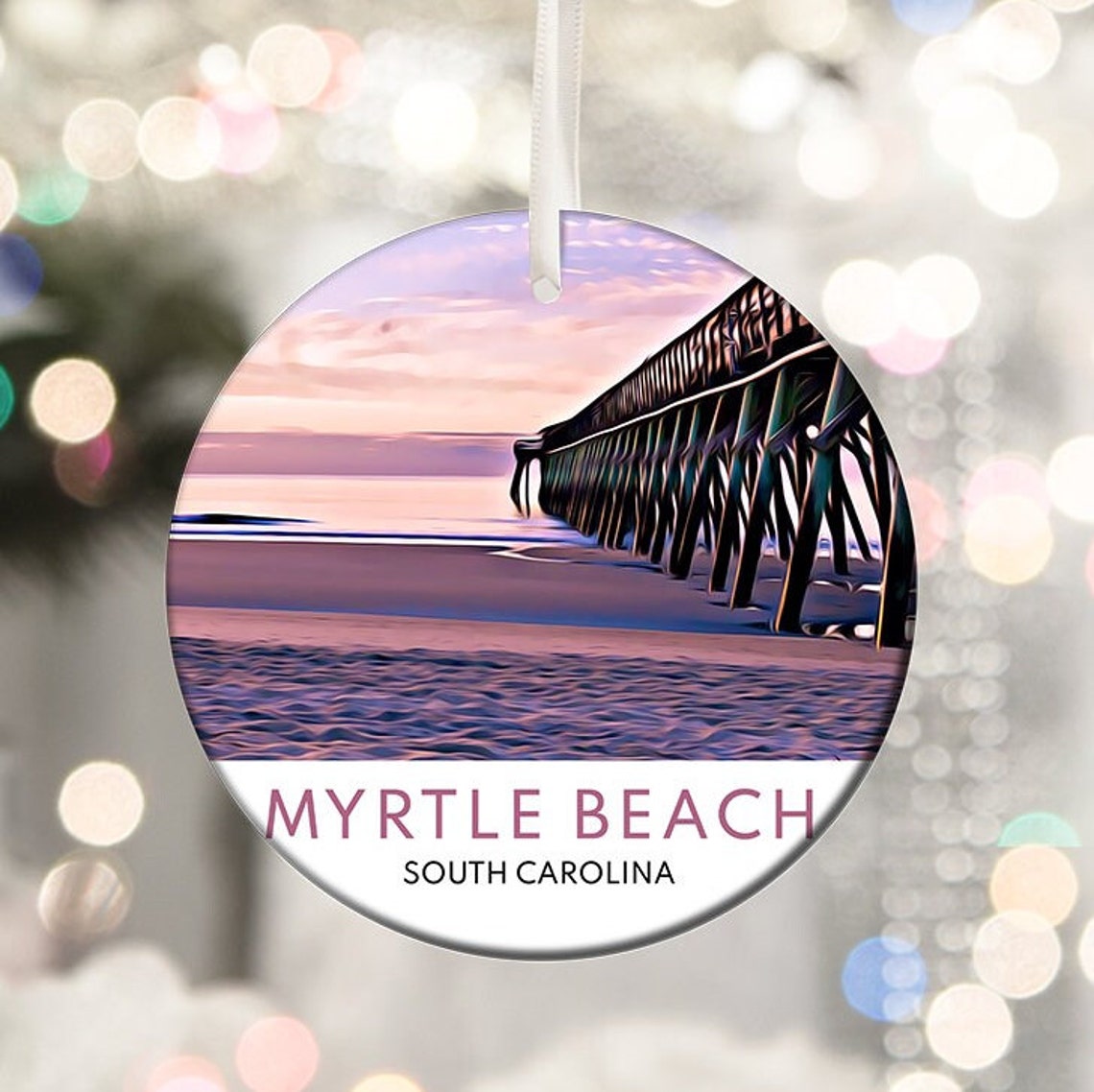 Myrtle Beach Sunset Pier South Carolina Round Ornament Print
