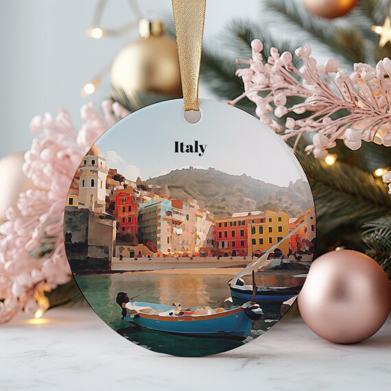 Italy Colorful Coastal Town Boats Christmas Ornament Travel Poster