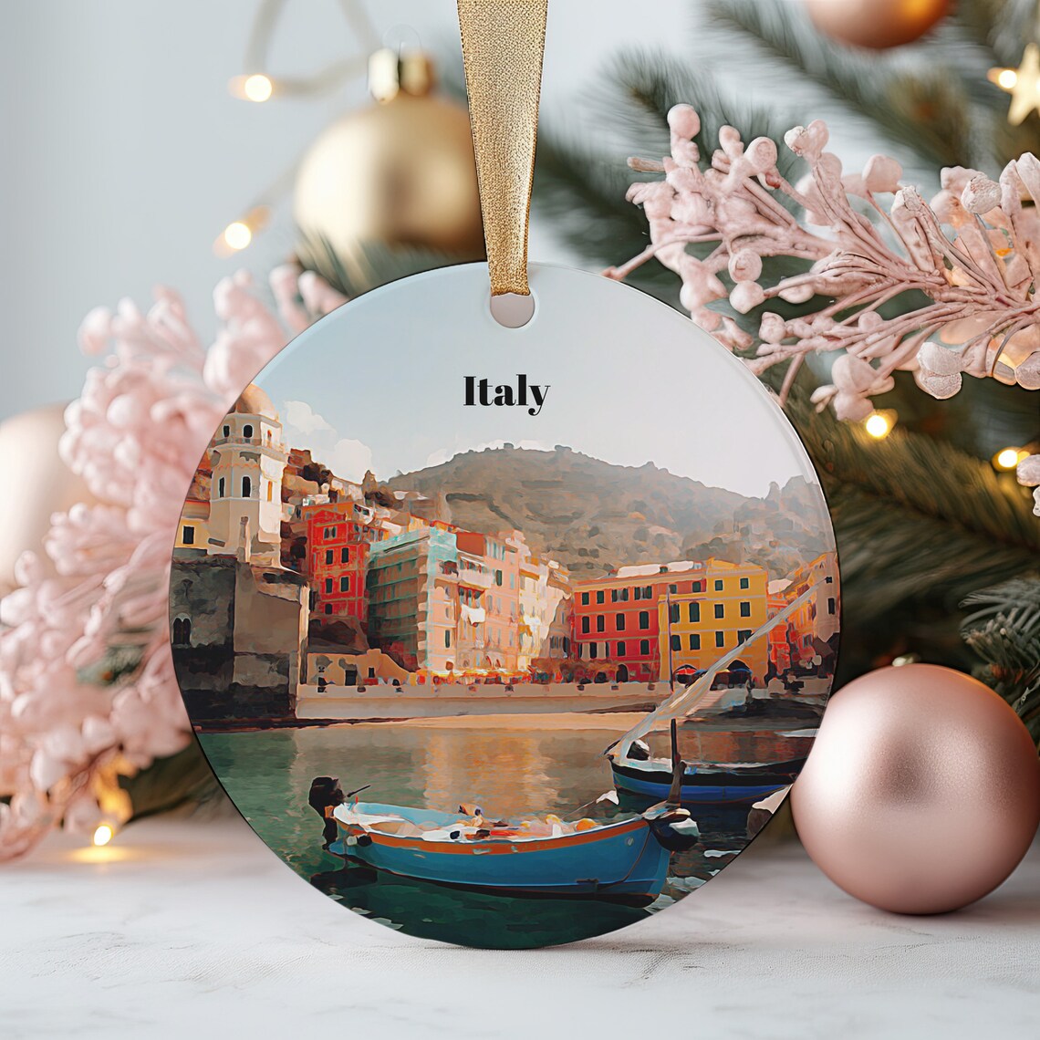 Italy Colorful Coastal Town Boats Christmas Ornament Travel Poster