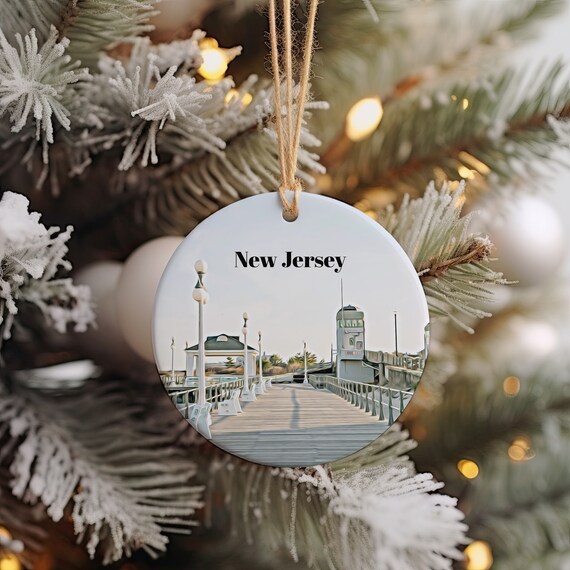 New Jersey Boardwalk Pier Photo Round Christmas Ornament Travel Poster