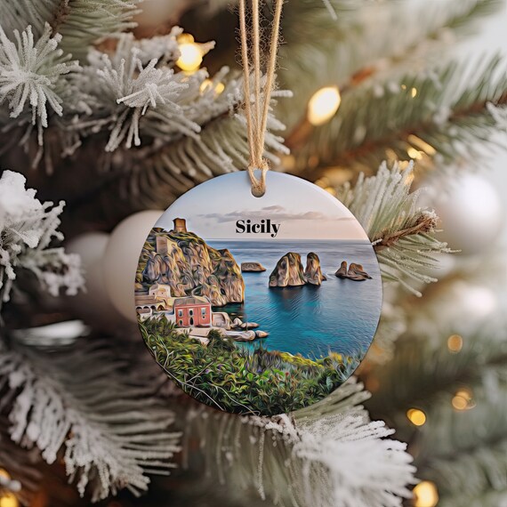 Sicily Coastal Cliffs Turquoise Sea Landscape Round Ornament Wall Art
