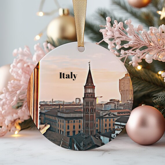 Italy Bell Tower Rooftops Golden Sunset Christmas Ornament Poster