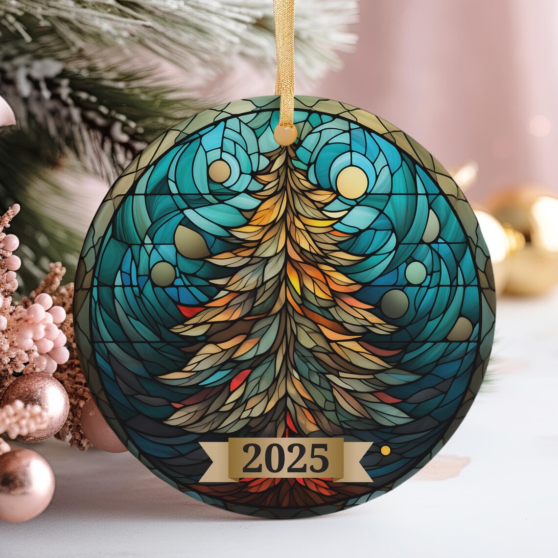 Stained Glass Feather Tree 2025 Christmas Ornament Style Teal Holiday Art Poster