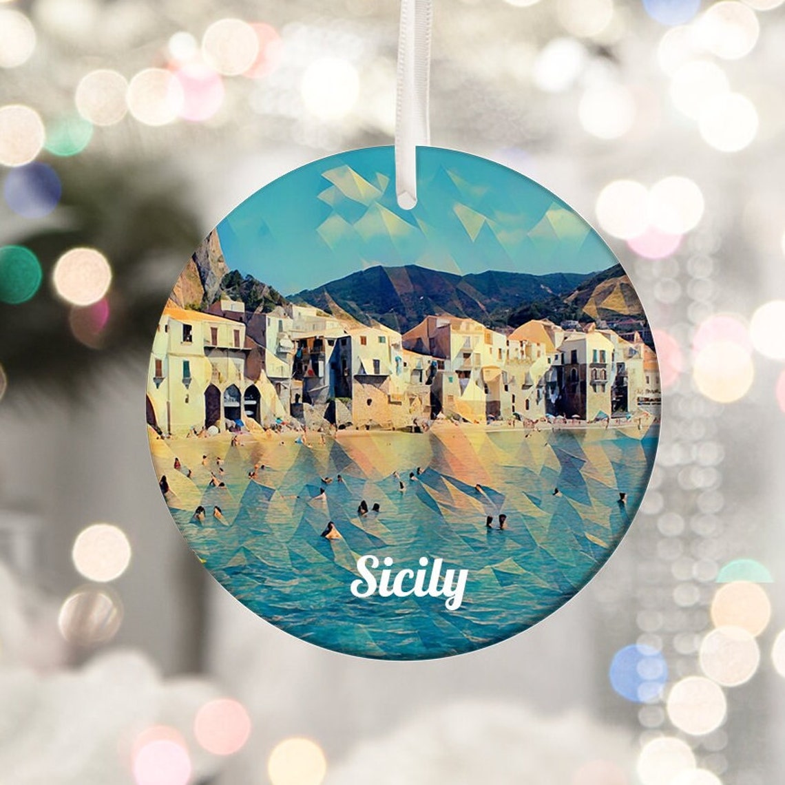 Sicily Italy Beach Town Swimmers Turquoise Sea Low Poly Art Poster