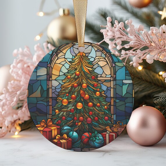 Stained Glass Christmas Tree Ornament Print Festive Holiday Gifts Keepsake