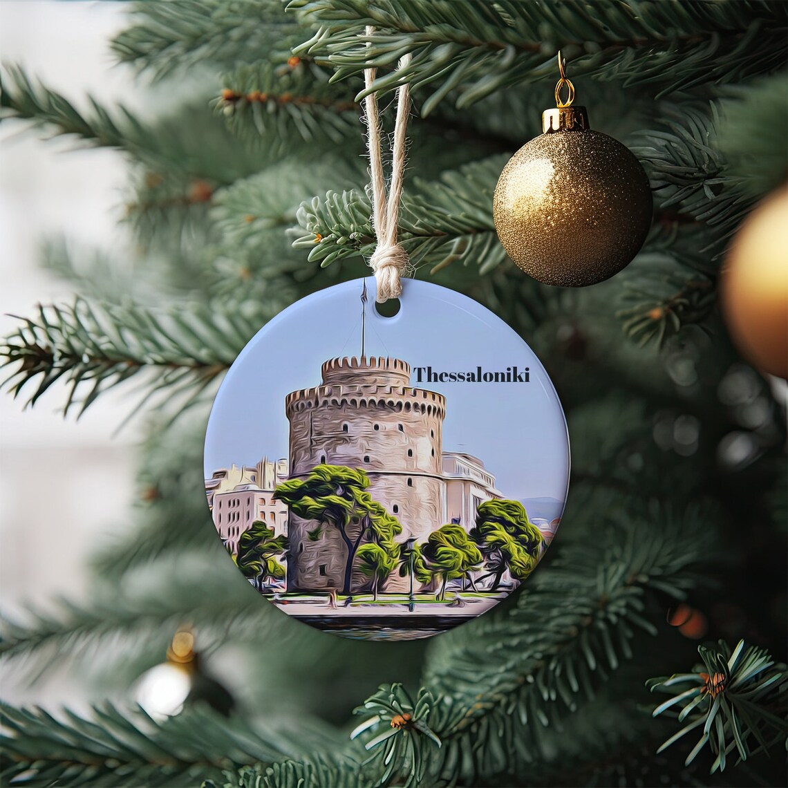 Thessaloniki Greece White Tower Landmark Round Ornament Poster