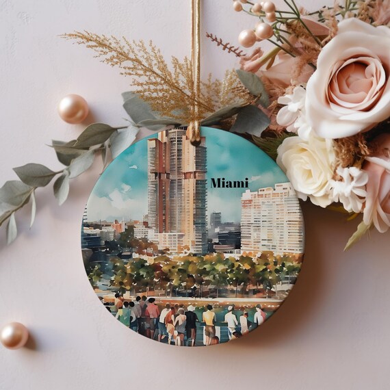 Miami Skyline Waterfront Promenade Crowd Christmas Ornament Poster
