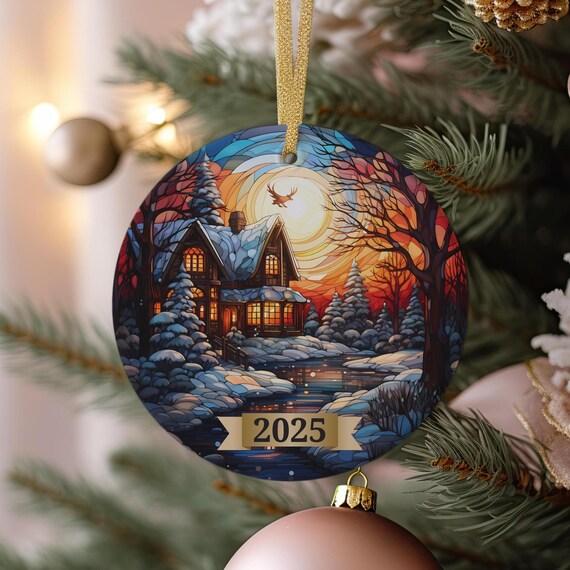 Snowy Cabin Sunset 2025 Christmas Ornament Style Winter Lodge Art Poster