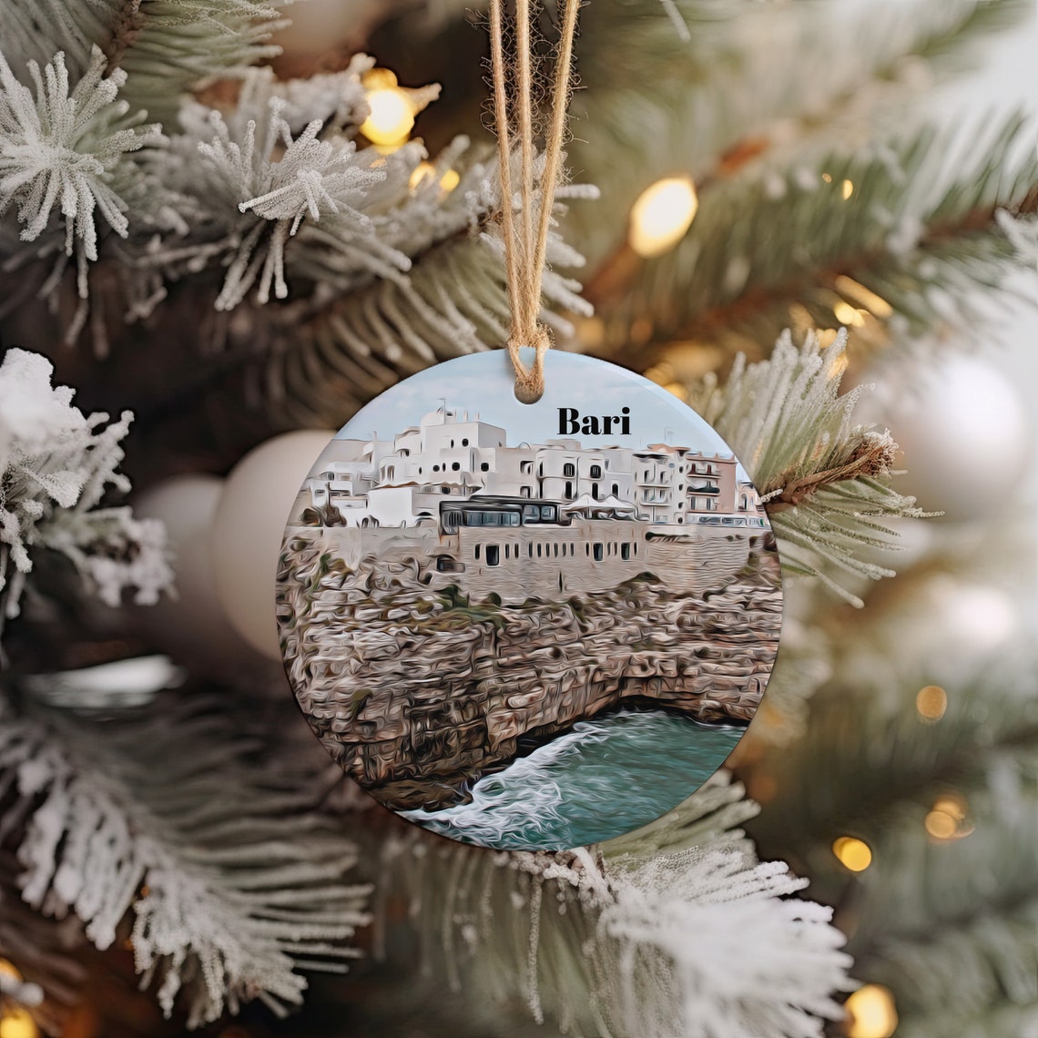 Bari Italy Round Ornament Painted Coastal Cliff Town Keepsake Print