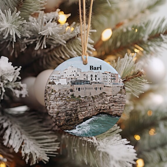 Bari Italy Round Ornament Painted Coastal Cliff Town Keepsake Print