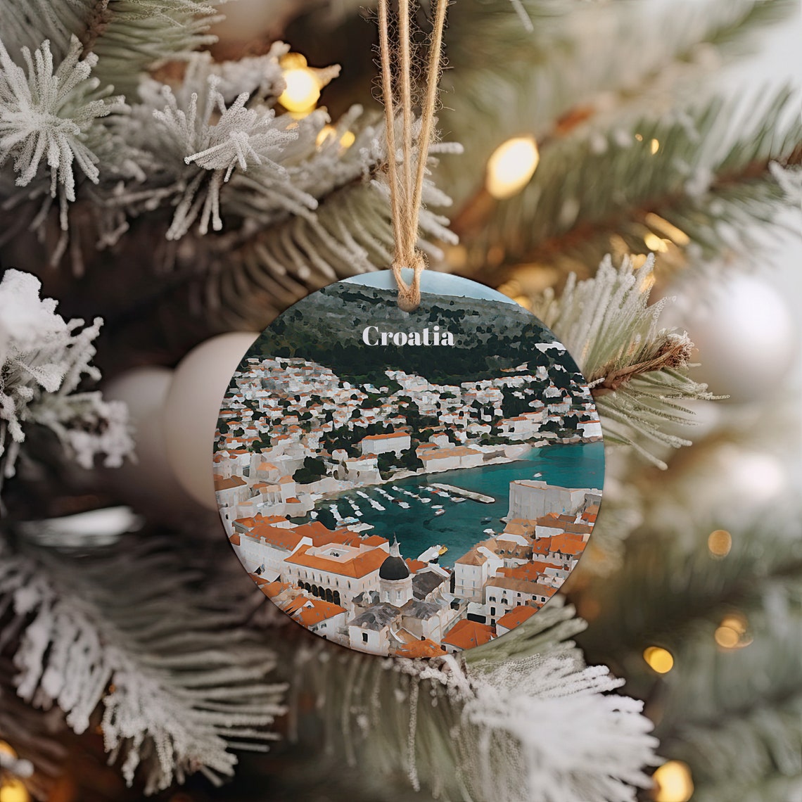 Croatia Old Town Harbor Coastline Christmas Scene Ornament Print