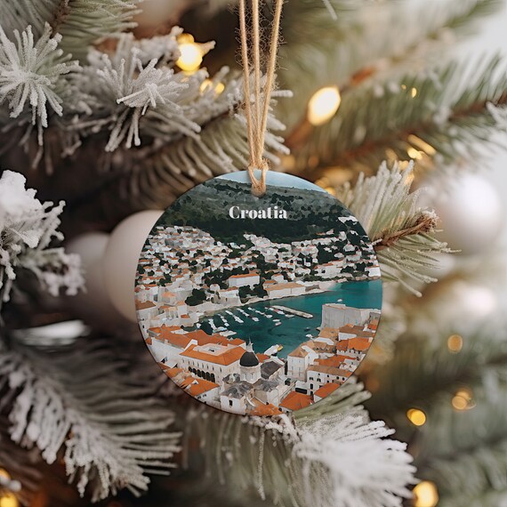 Croatia Old Town Harbor Coastline Christmas Scene Ornament Print