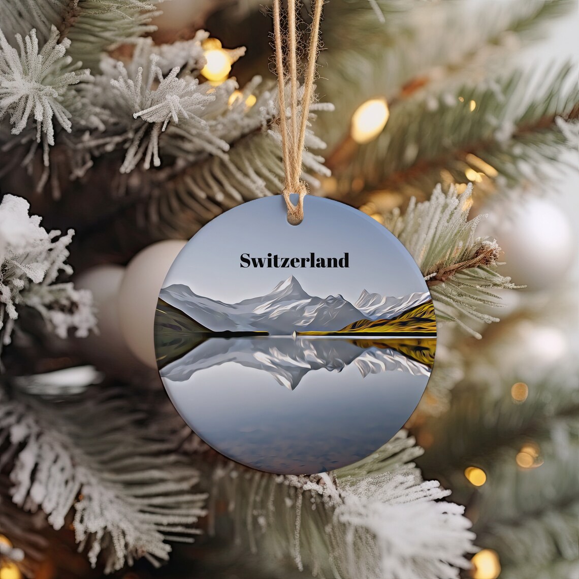 Switzerland Alpine Mountain Lake Reflection Christmas Ornament Keepsake Print