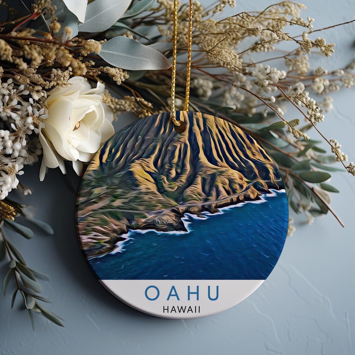 Oahu Hawaii Coastal Mountain Round Ceramic Christmas Ornament Print