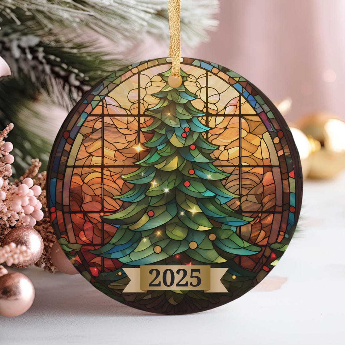 2025 Stained Glass Christmas Tree Round Ornament Art Print with Banner