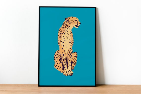 Blue Cheetah Poster Print Art Leopard Animal Wall Boho Home Decor Artwork