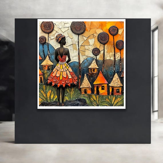 African Woman Wall Art Ethnic Village Painting Colorful Tribal Canvas Decor