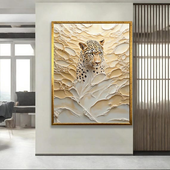 Leopard Wall Art Textured Beige And Gold Abstract Animal Canvas