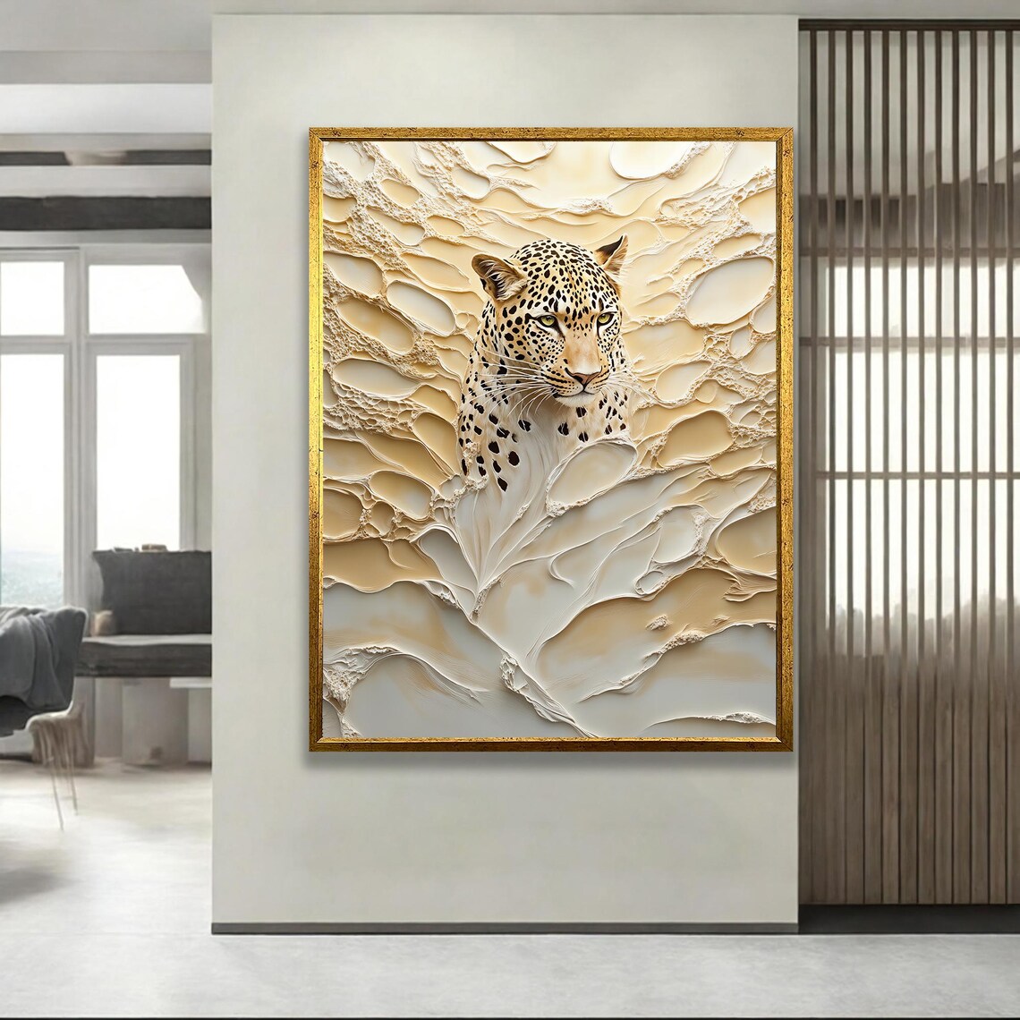 Leopard Portrait Textured Gold Beige Abstract Wildlife Canvas Poster