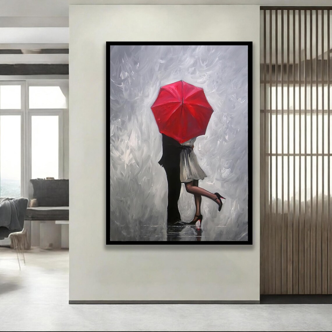 Romantic Couple Under Red Umbrella Kiss in Rain Oil Painting Poster