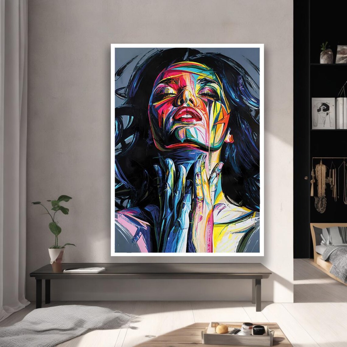Colorful Abstract Woman Portrait Neon Face Hands Modern Art Poster