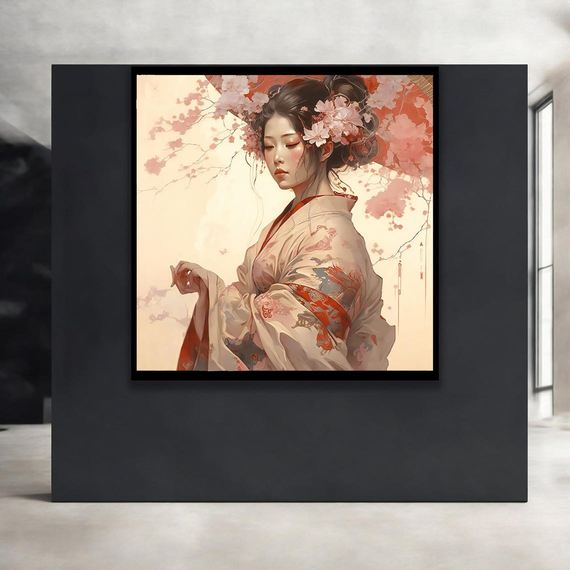 Japanese Geisha Kimono Cherry Blossom Elegant Asian Art Poster