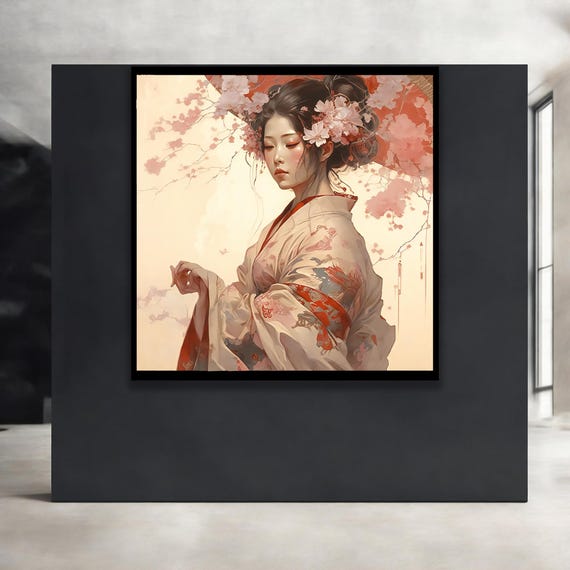 Framed Geisha Canvas Print Cherry Blossom Asian Art Handcrafted