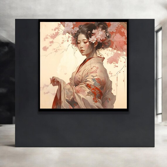 Japanese Geisha Kimono Cherry Blossom Elegant Asian Art Poster