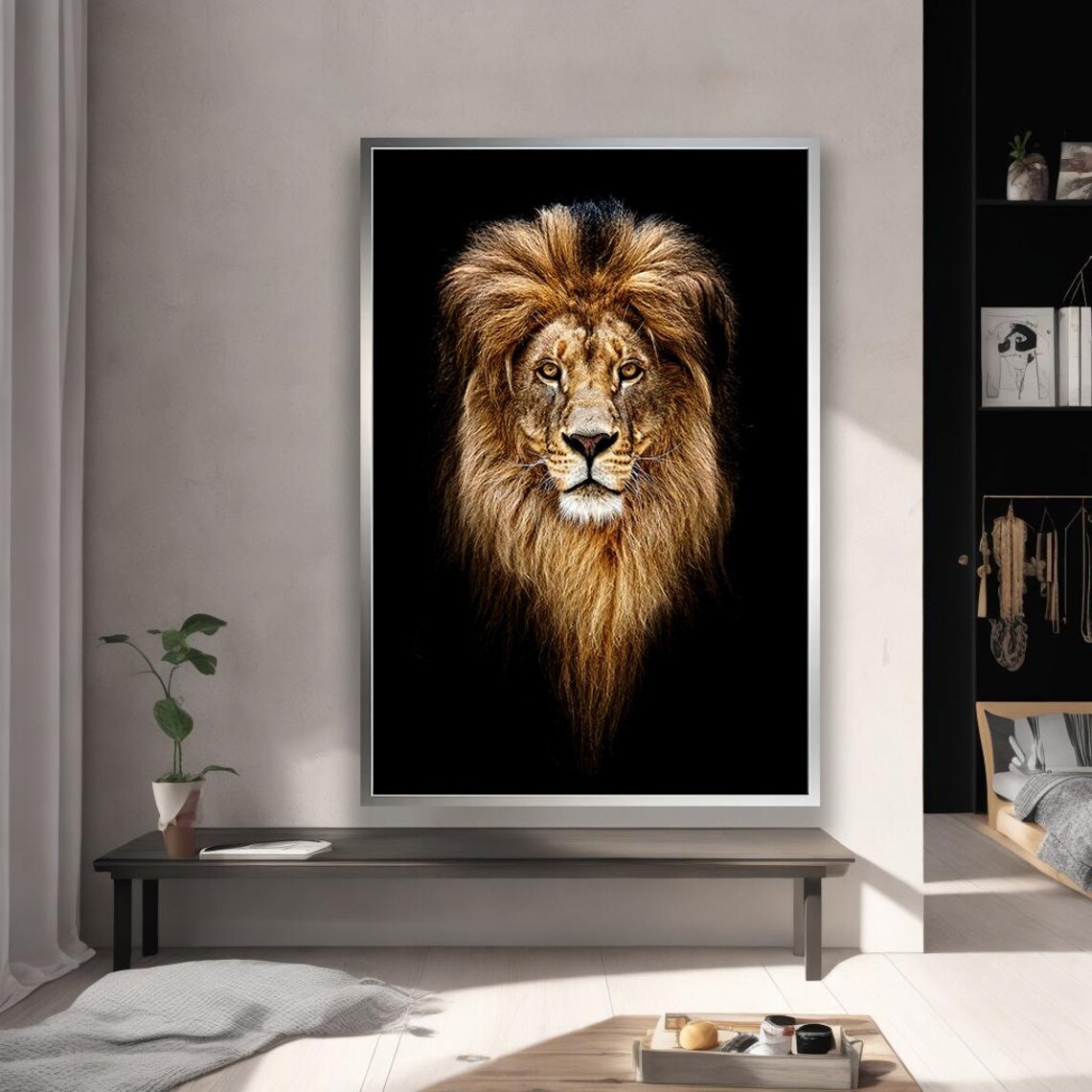 Majestic Lion Portrait Dramatic Black Background Photo Poster