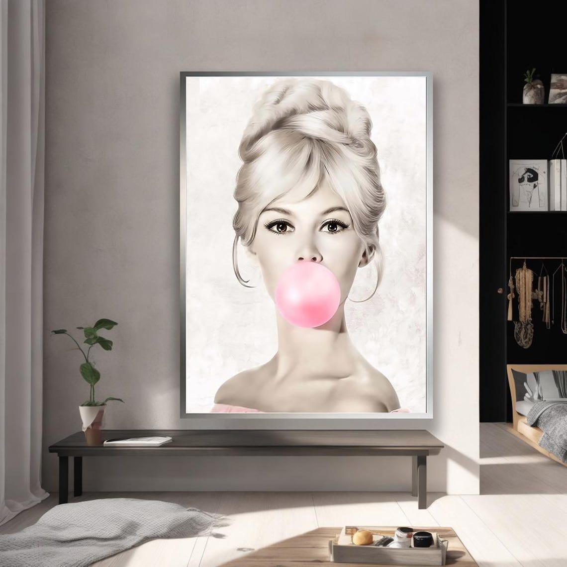 Pop Art Girl Framed Canvas Print Black White Bubble Gum