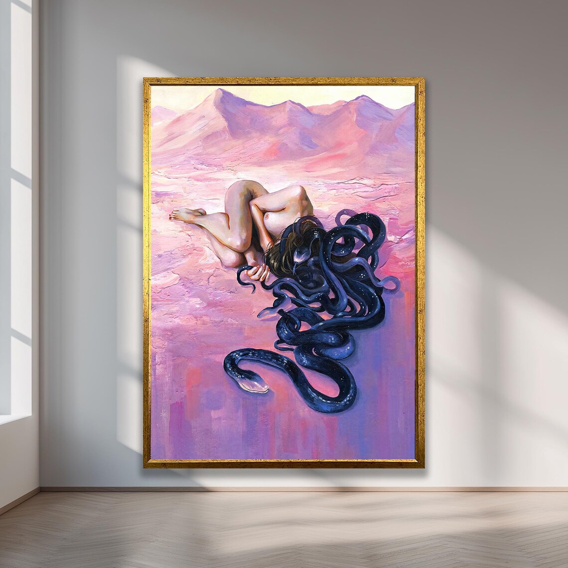 Medusa Surreal Snake Hair Pink Desert Fantasy Painting Wall Poster