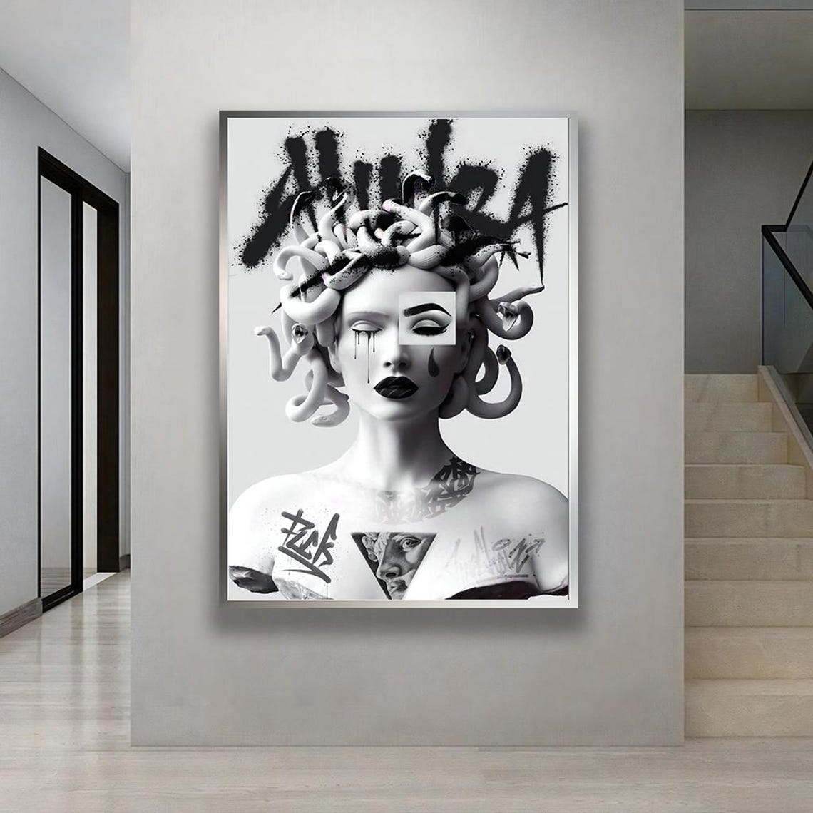 Medusa Graffiti Street Art Black White Modern Mythology Canvas Print