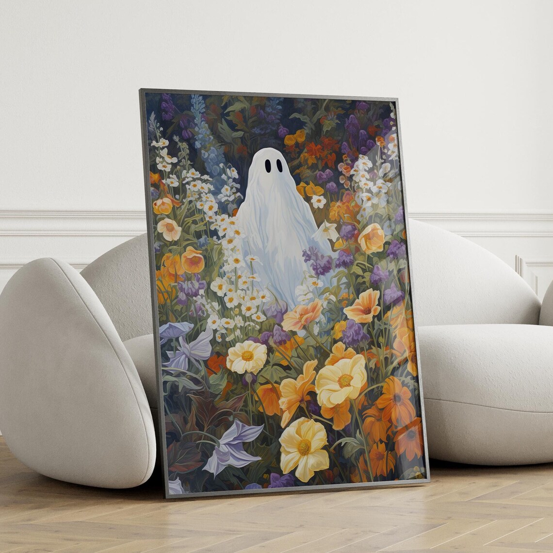 Cute Ghost Standing in an Orange Wildflower Field Halloween Poster - Image 4
