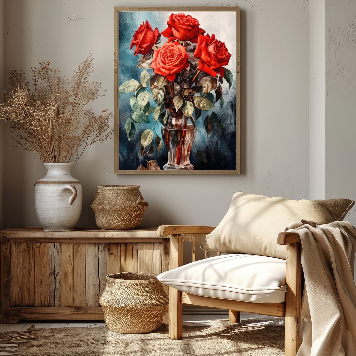 Red Roses Glass Vase Painting Moody Floral Still Life Wall Art - Image 5