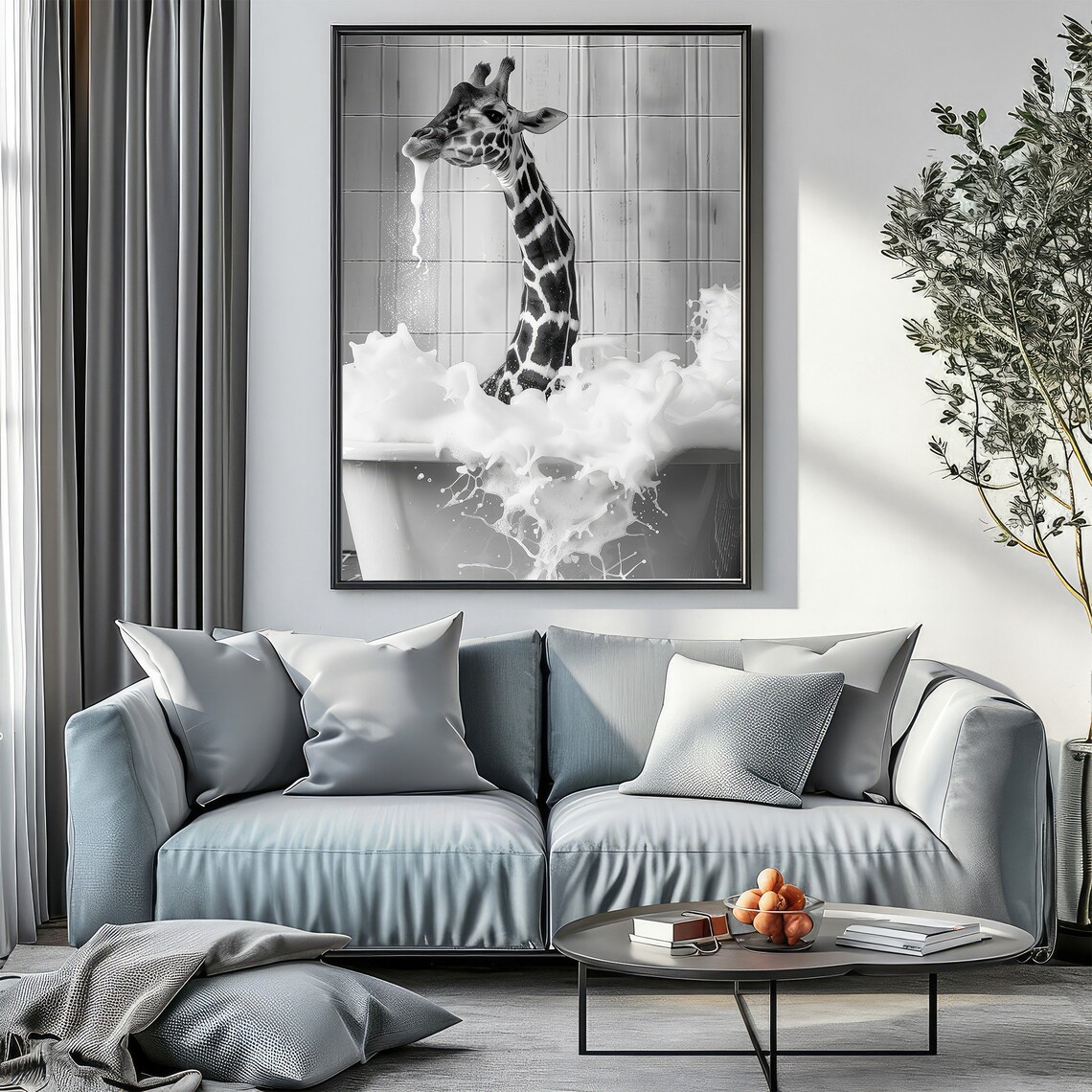 Baby Giraffe In Bubble Bath Splashing Black White Animal Poster - Image 3