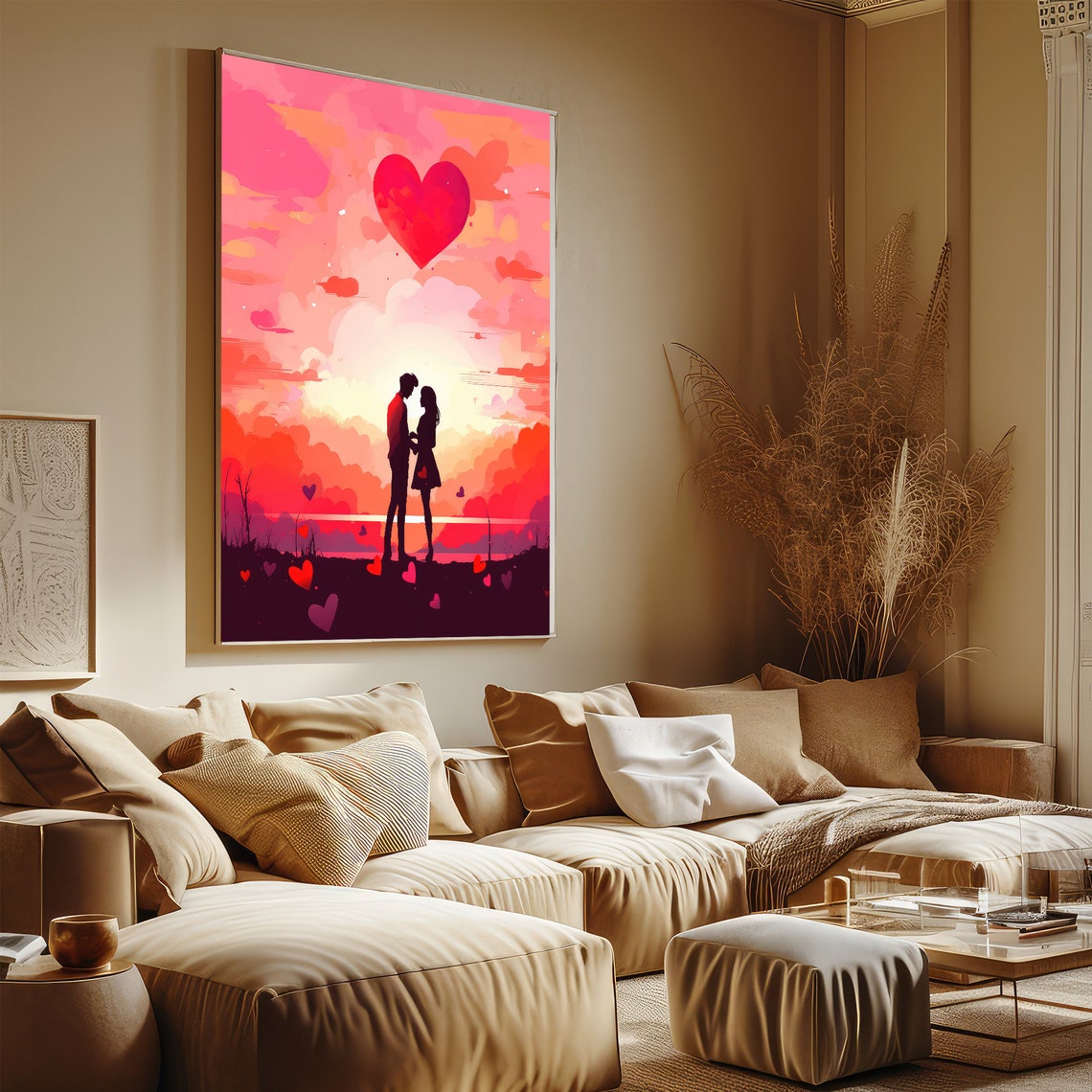Romantic Couple Silhouette Pink Sunset With Floating Hearts Poster - Image 5