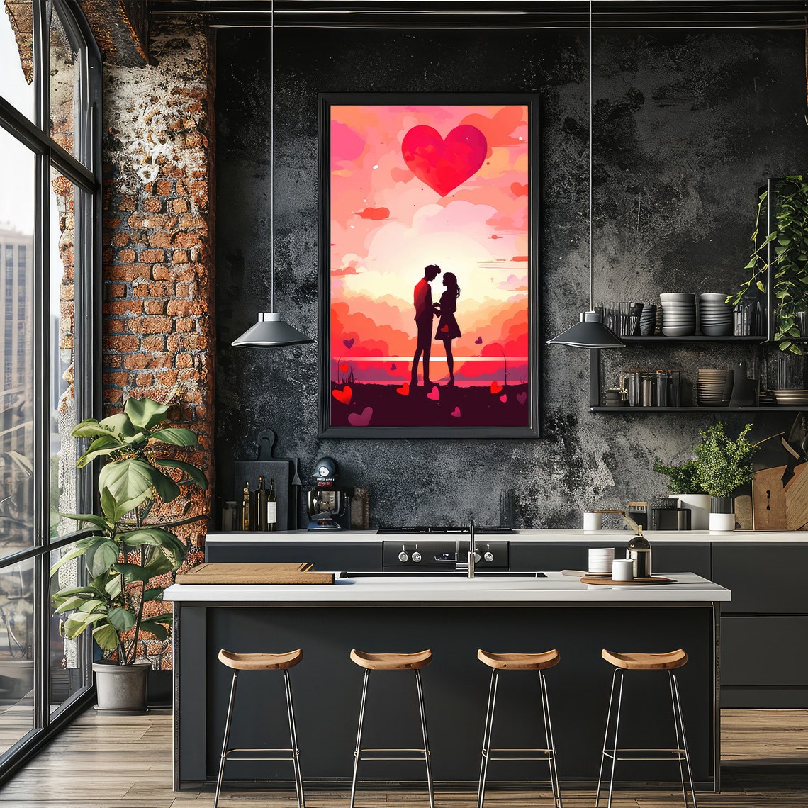 Romantic Couple Silhouette Pink Sunset With Floating Hearts Poster - Image 3